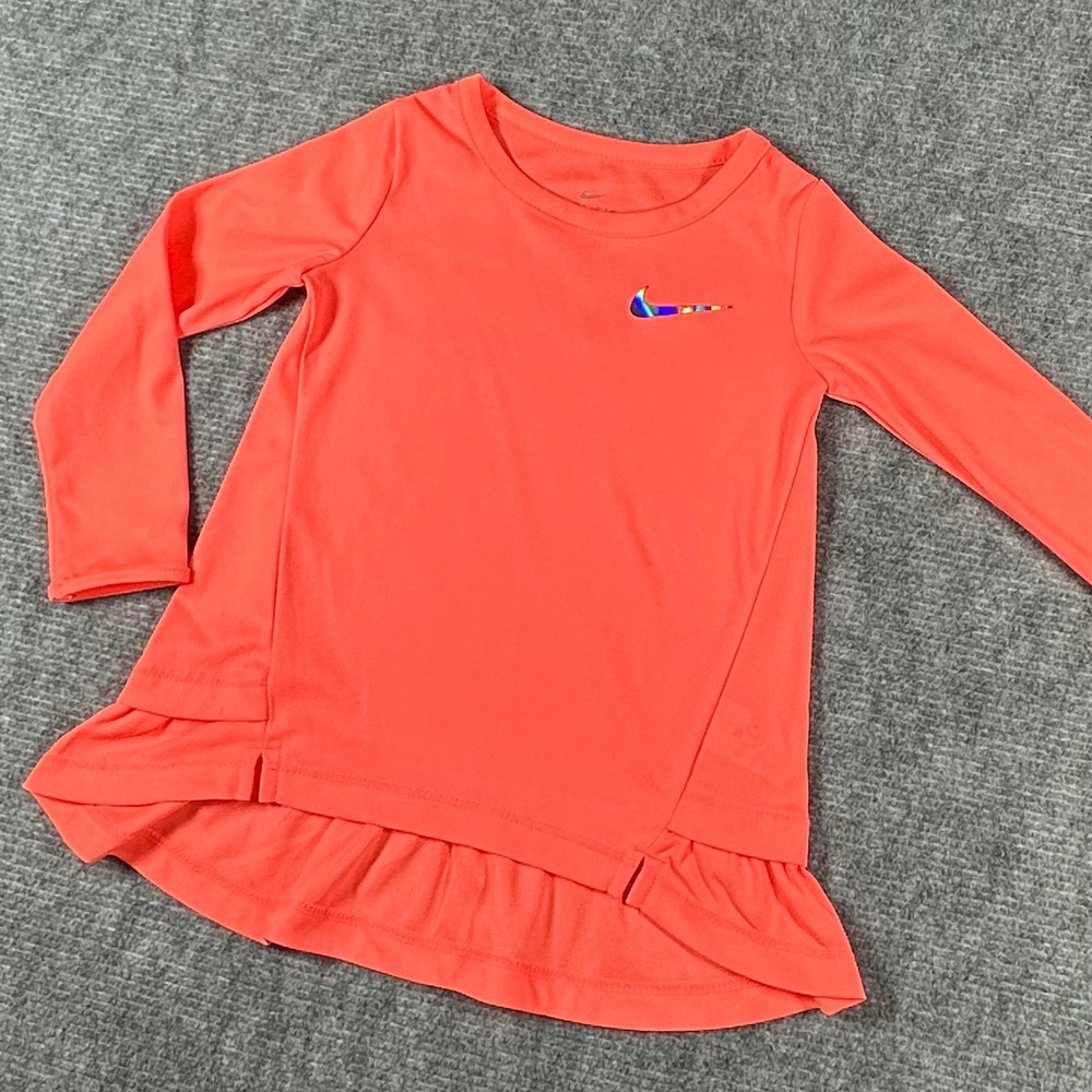 Nike Kids Dri-FIT Long Sleeve Peplum Ruffle Top Coral Pink Iridescent Swoosh